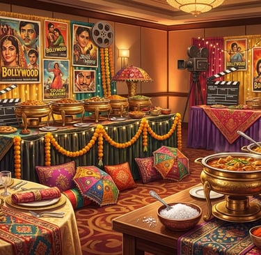 Bollywood themed party buffet featuring Indian cuisine, vintage film posters, and cinematic decorations.