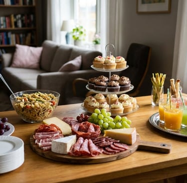Party catering spread with a charcuterie board, cupcakes, pasta salad, and colorful juice drinks.
