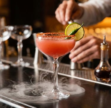 A spicy red margarita cocktail with a chili rim and dry ice smoke on a bar counter.