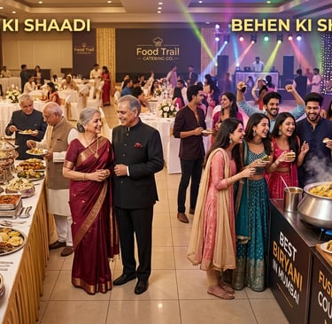 Professional Indian wedding catering service serving biryani and fusion food at a luxury marriage banquet.