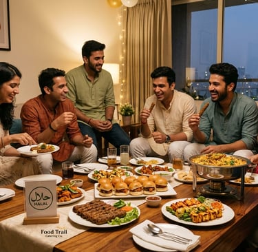 Friends enjoying a halal catering spread of sliders, kebabs, and biryani at a home dinner party.