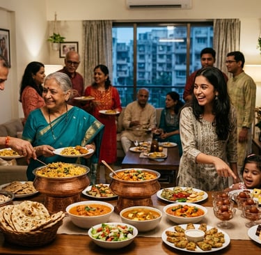 A multigenerational Indian family enjoying a festive dinner party with traditional food and desserts.