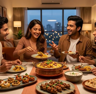 Friends enjoying a traditional Indian dinner party with biryani, kebabs, and naan at home.
