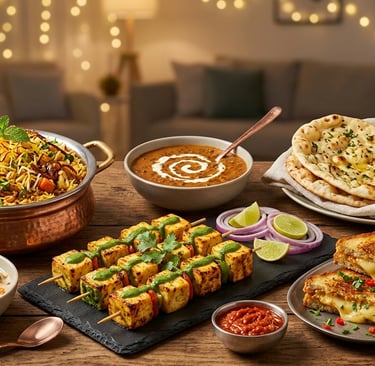 Indian feast with vegetable biryani, paneer tikka skewers, dal makhani, and naan bread on a table.