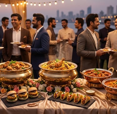 Elegant outdoor Indian wedding catering buffet featuring chicken biryani, curry, and sliders with guests in traditional