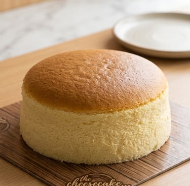 A fluffy Japanese cheesecake with a golden brown top sits on a wooden board.