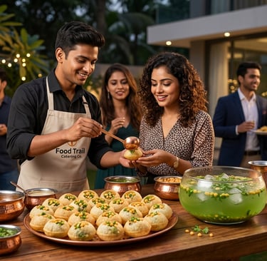 Professional catering service serving fresh pani puri to guests at an outdoor evening garden party.