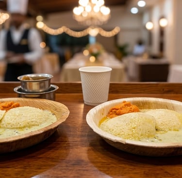Best Traditional South Indian idli served with coconut chutney and sambar at a luxury buffet event.
