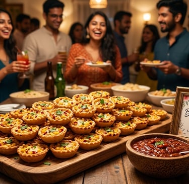 A platter of baked Mexican tarts served at a festive dinner party catering event with guests.