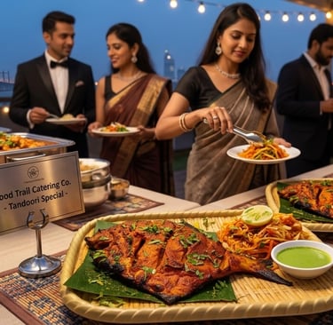 Guests enjoying a luxury Indian food catering buffet with Tandoori pomfret and Mumbai skyline views.