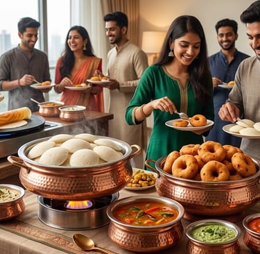 Professional chef serving South Indian breakfast buffet with idli, vada, and dosa to a group of people.