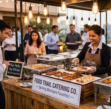 Professional buffet catering service in Mumbai with staff serving appetizers at an outdoor evening event.