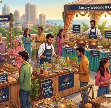 Luxury Indian fusion wedding buffet catering with biryani, vegan spreads, and sliders at an outdoor event.