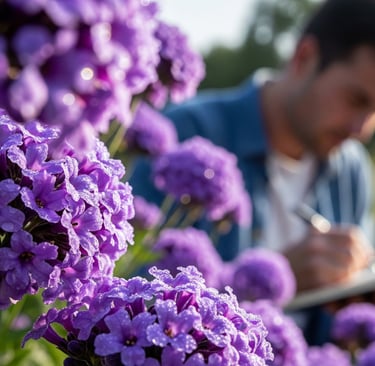 a man is writing on a clipboard in a field