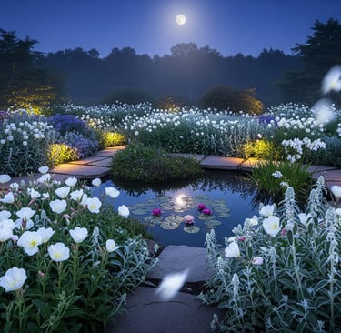 a garden with a pond and a full moon