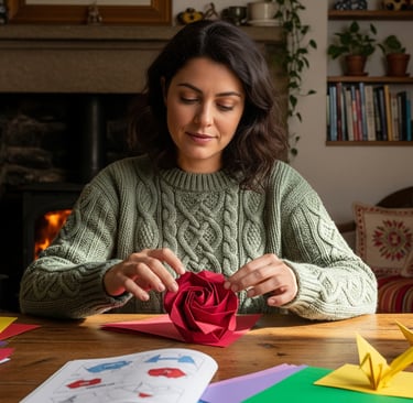a woman is sitting at a table with a paper origamion