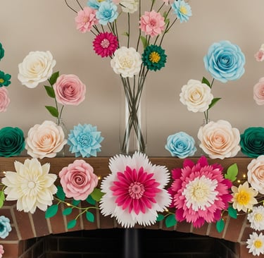 a fireplace with paper flowers on a mantle mantle