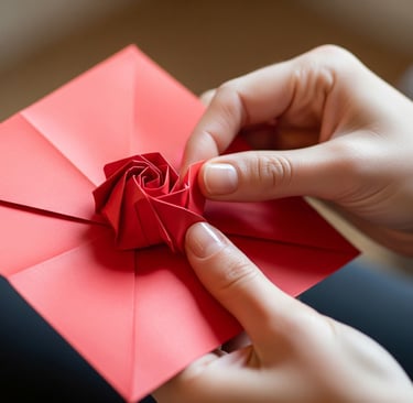 a person holding a red paper rose on a red background