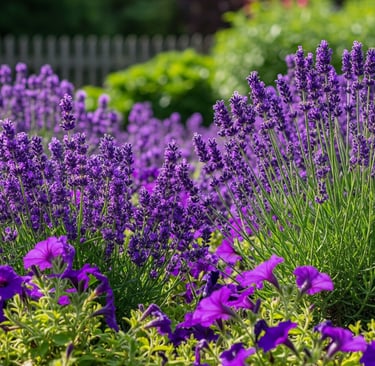 a garden with purple flowers and a white picket fence