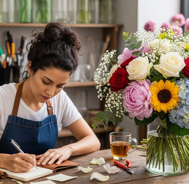 a woman in a blue apron and aprons is writing on a notebook