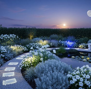 a garden with a path leading to a pond