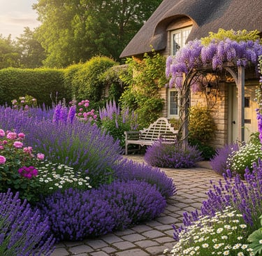 purple flowers and plant garden with a bench and a bench in the middle of a garden