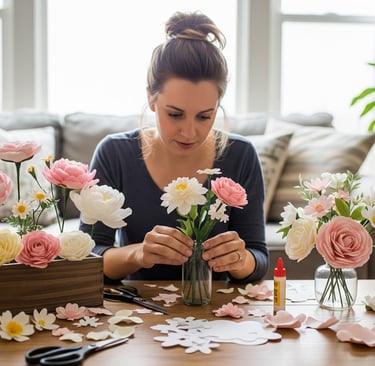 a woman is sitting at a table with flowers