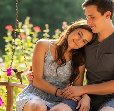a man and woman sitting on a swing