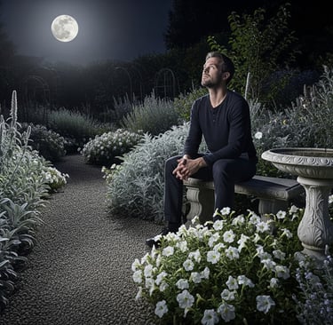 a man sitting on a bench in a garden