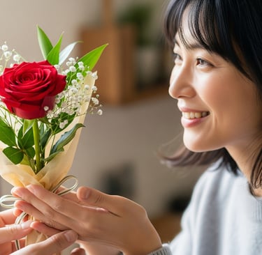 a woman holding a bouquet of flowers