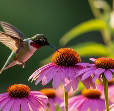 a hummingbird flying over a flower in a field