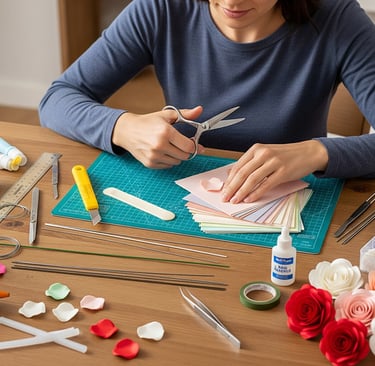 a woman is sitting at a table with a bunch of craft supplies