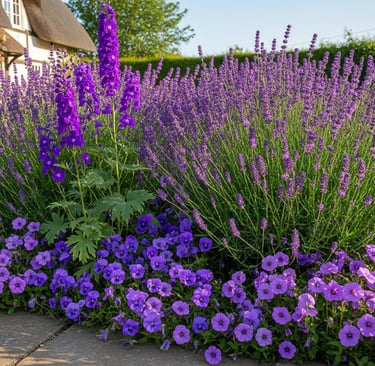 a garden with purple flowers and a house in the background