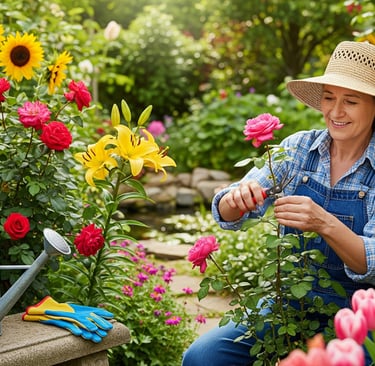 a woman in a hat and overalls is sitting on a bench in a garden