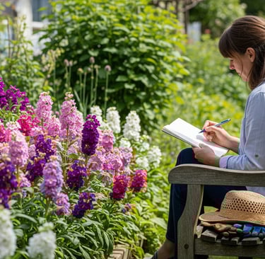 a woman sitting on a bench in a garden