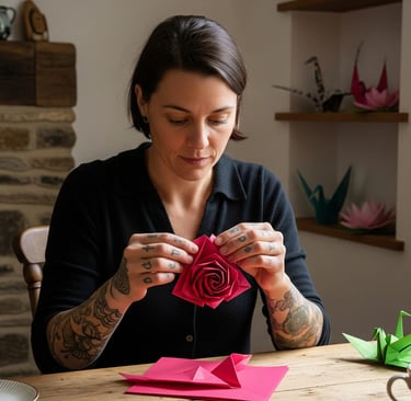 a woman is holding a paper rose in her hands