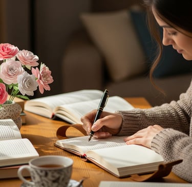 a woman is writing in a book and holding a pen