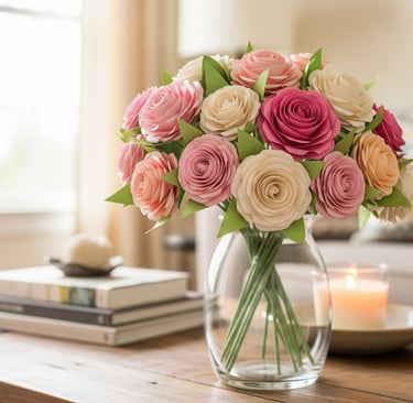 a vase with a vase of roses in a living room