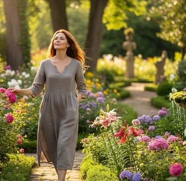 a woman walking down a path in a garden