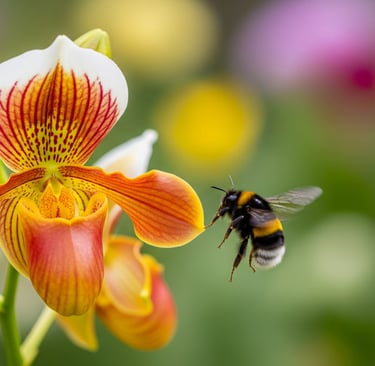 a bee on a flowered plant with a bee