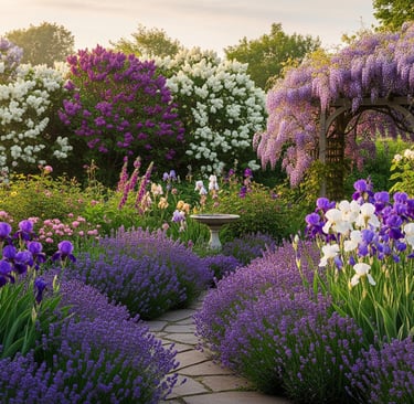 a garden with a pathway leading to a garden