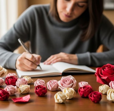 a woman is writing a book with a pen and a notebook