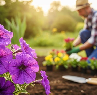 a man is working in a garden with a garden tool