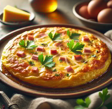 Deliciosa omelete dourada, recheada e servida quente, pronta para bater sua meta de proteína diária.