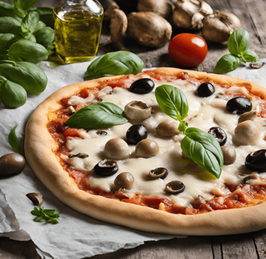 a pizza with olives and mozzarella and basil