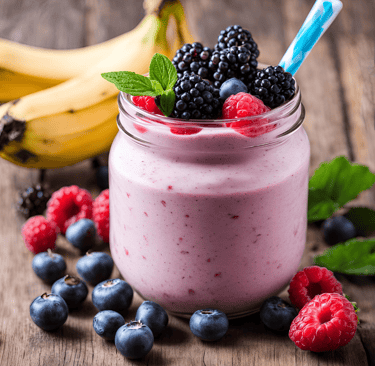 a smoothie with banana and berries in a jar