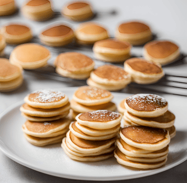 a plate of poffertjes, dutch mini-pancakes with powdered sugar on top