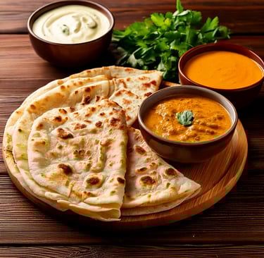 a plate with a bunch of naan breas and some sauces