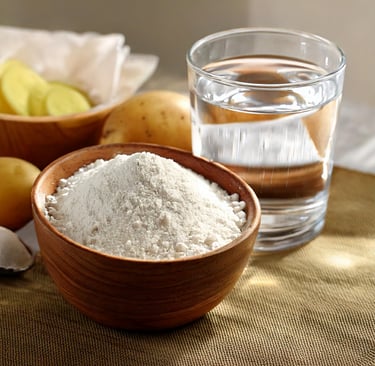 a bowl of starch with a glass of water and potatoes in the background