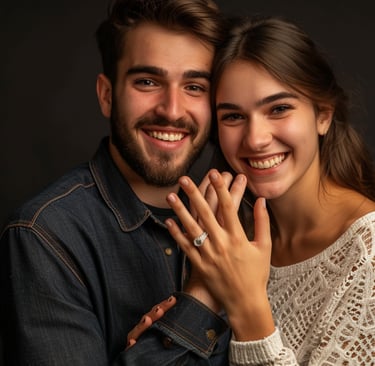 pareja feliz celebrando su compromiso, la mujer muestra en su dedo un anillo de diamantes